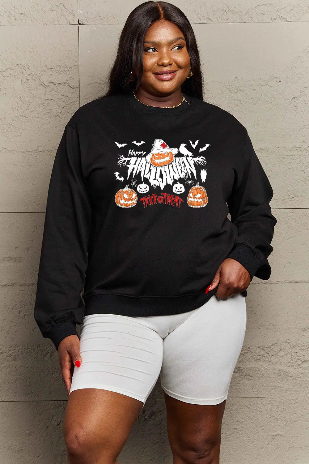 Simply Love Full Size HAPPY HALLOWEEN TRICK OR TREAT Graphic Sweatshirt Trendsi