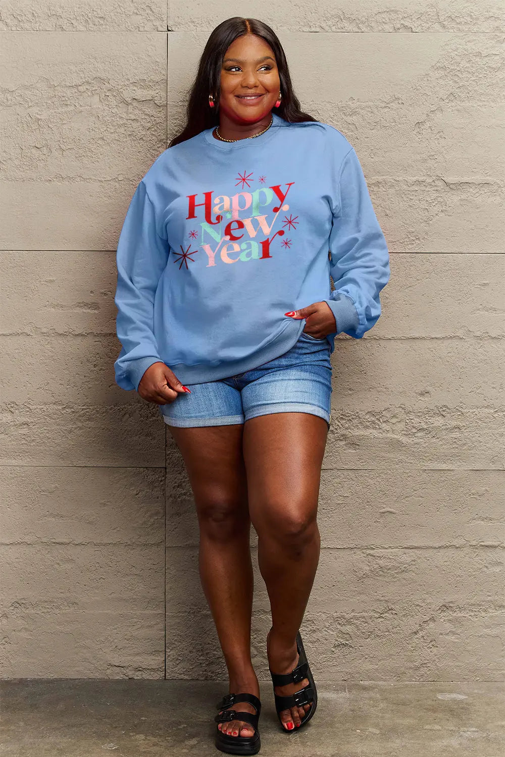 Simply Love Full Size HAPPY NEW YEAR Round Neck Sweatshirt Trendsi