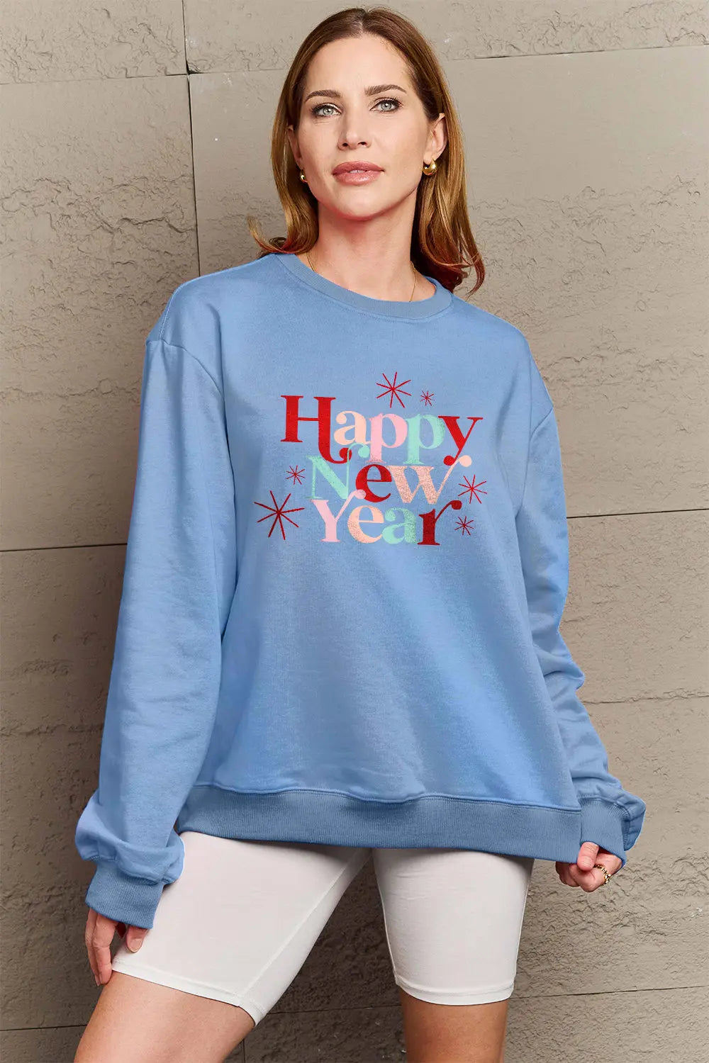 Simply Love Full Size HAPPY NEW YEAR Round Neck Sweatshirt Trendsi