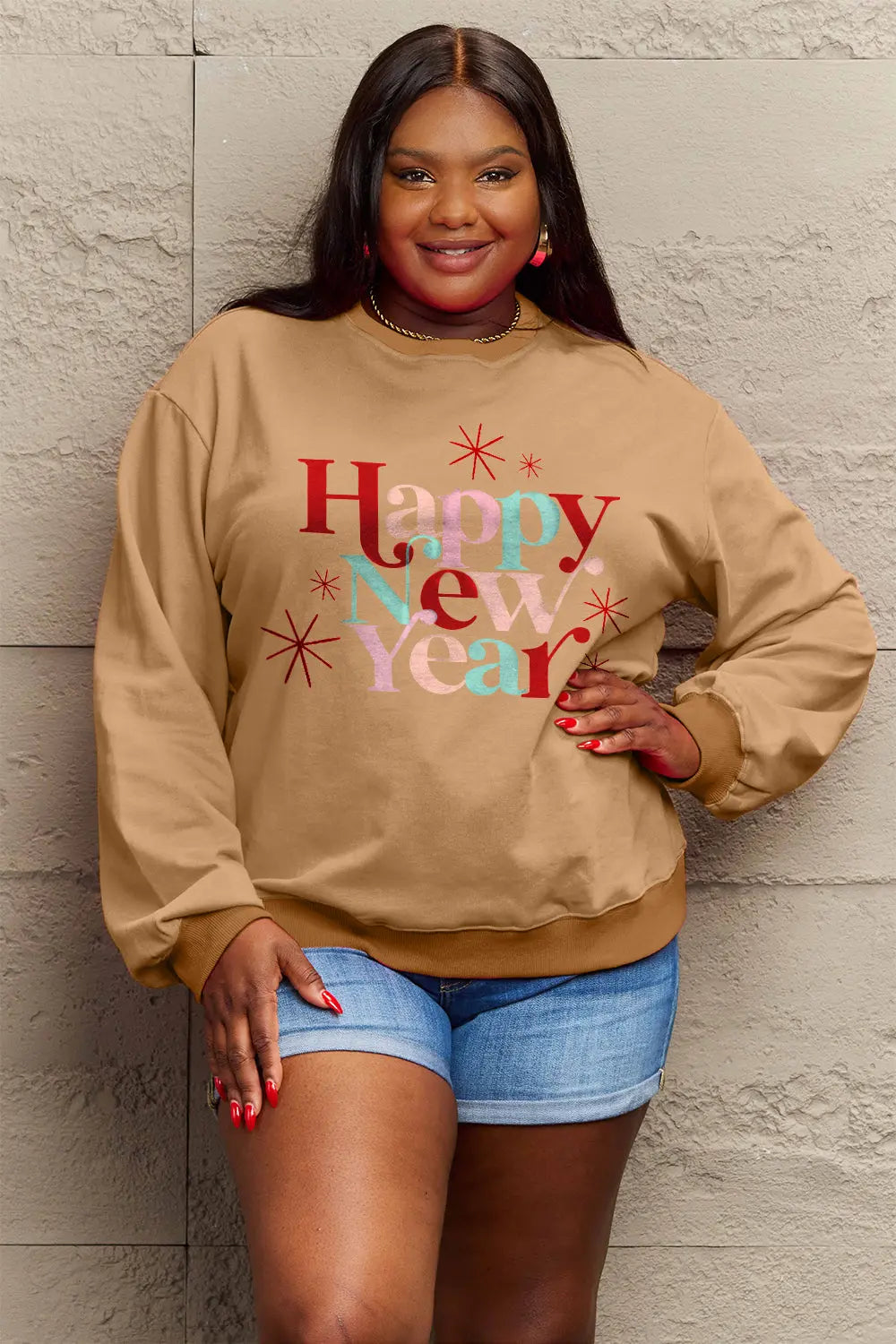 Simply Love Full Size HAPPY NEW YEAR Round Neck Sweatshirt Trendsi