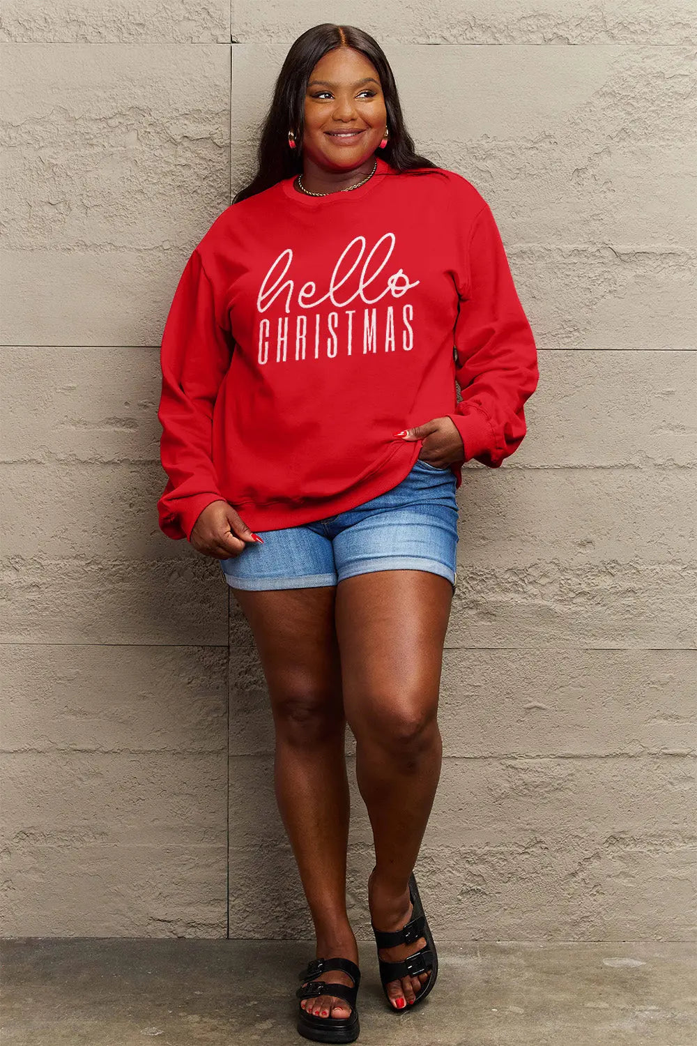 Simply Love Full Size HELLO CHRISTMAS Long Sleeve Sweatshirt Trendsi