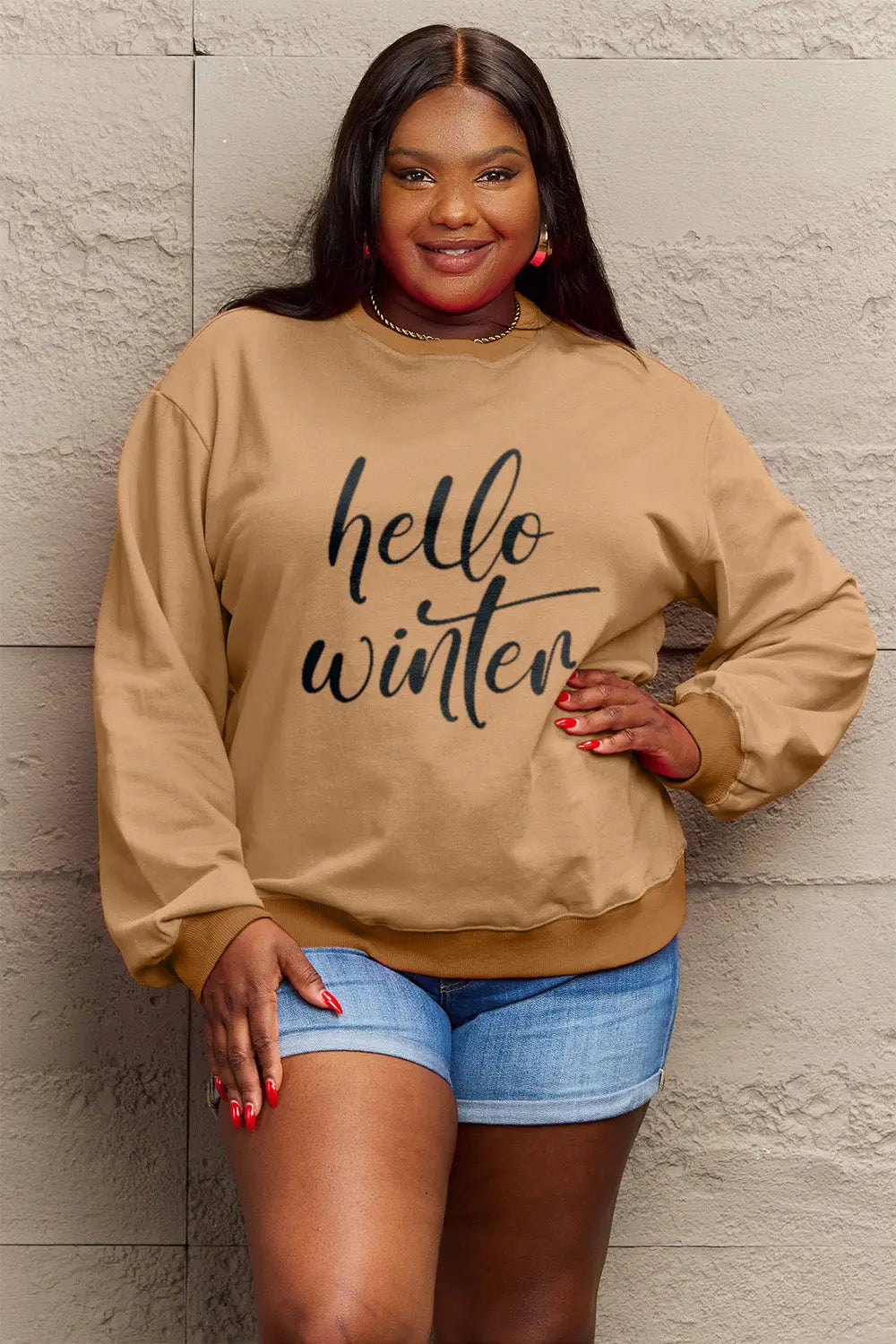 Simply Love Full Size HELLO WINTER Graphic Sweatshirt Trendsi