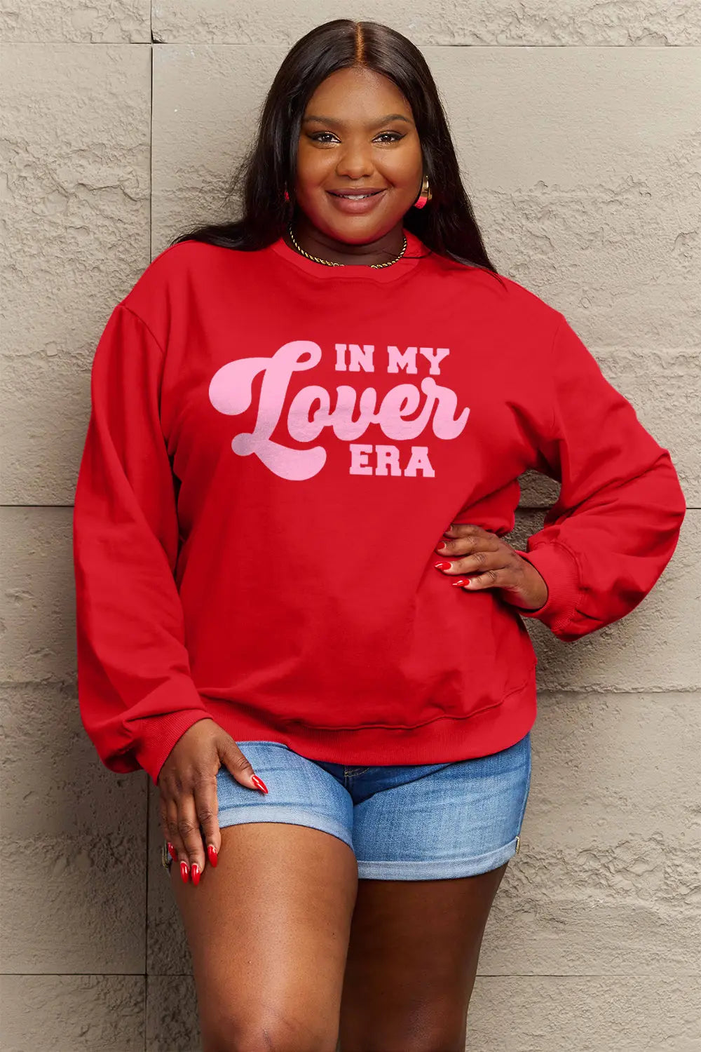 Simply Love Full Size IN MY LOVER ERA Round Neck Sweatshirt Trendsi