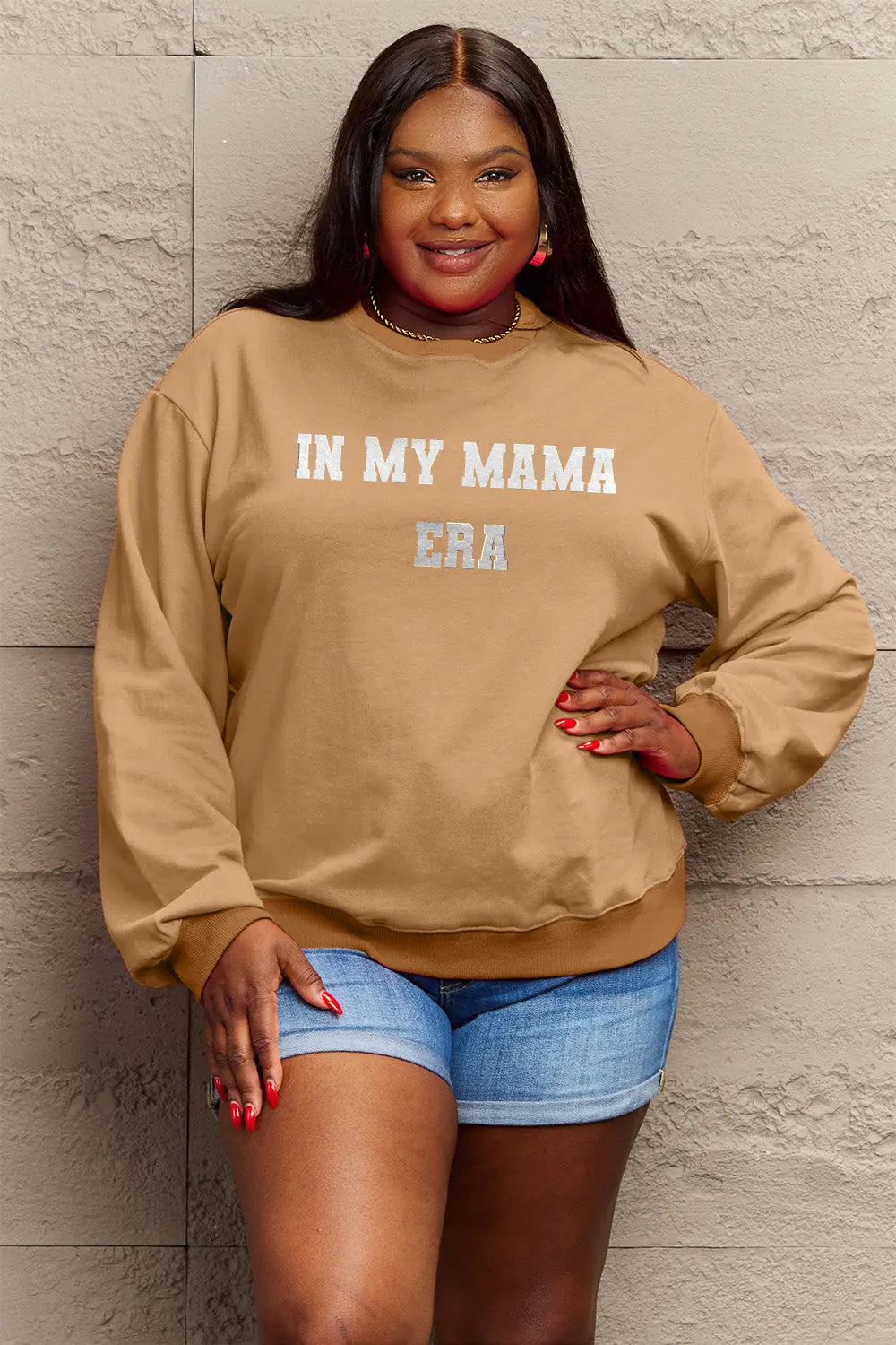 Simply Love Full Size IN MY MAMA EAR Graphic Sweatshirt Trendsi