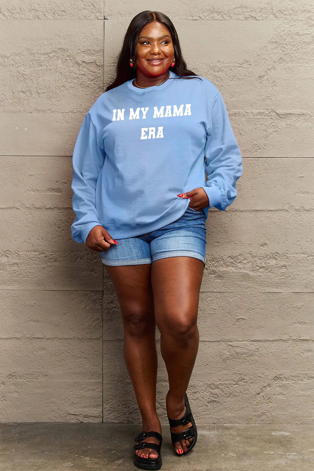 Simply Love Full Size IN MY MAMA EAR Graphic Sweatshirt Trendsi