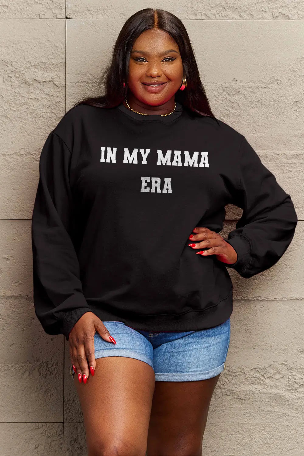 Simply Love Full Size IN MY MAMA EAR Graphic Sweatshirt Trendsi