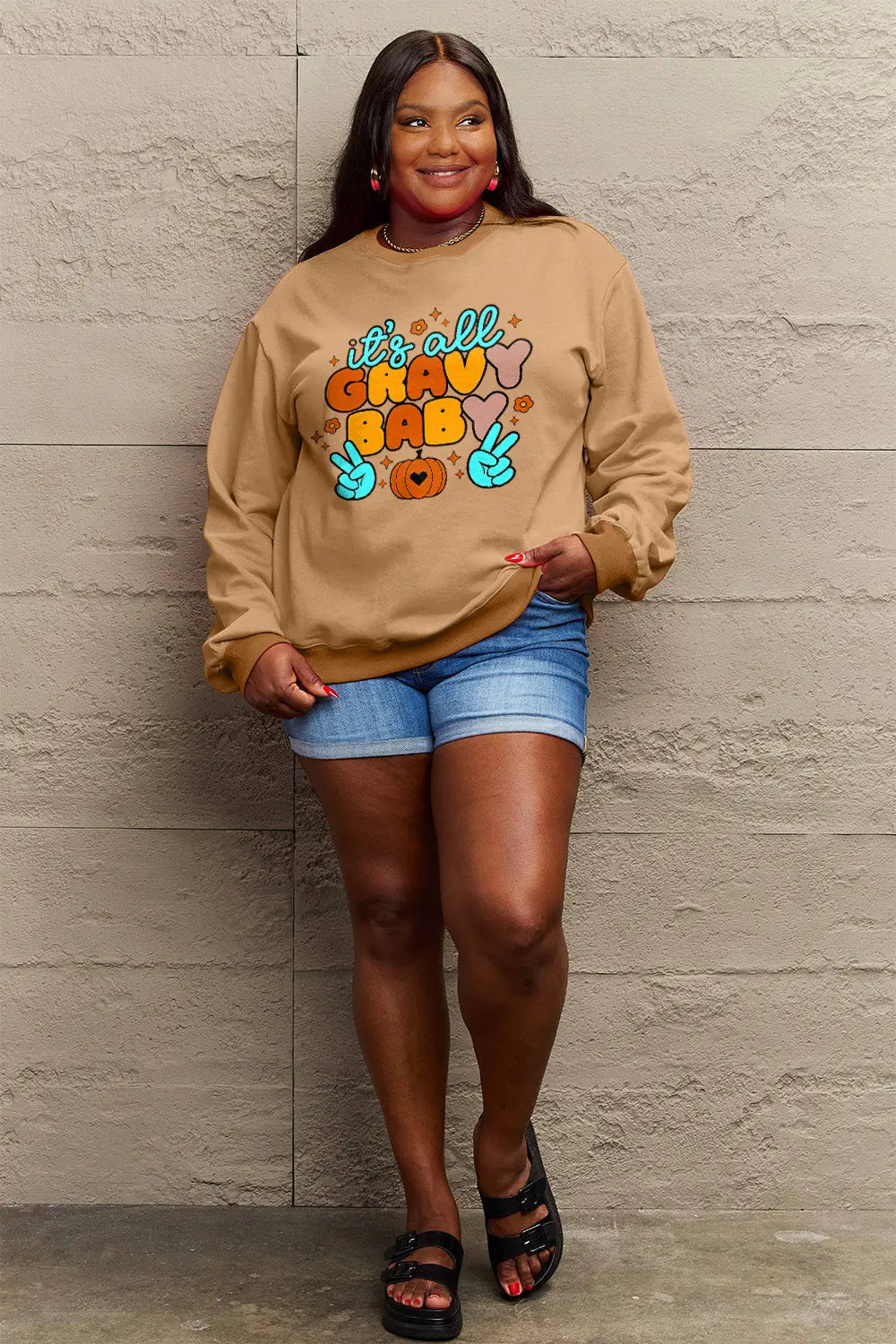 Simply Love Full Size IT'S ALL GRAVY BABY Long Sleeve Sweatshirt Trendsi