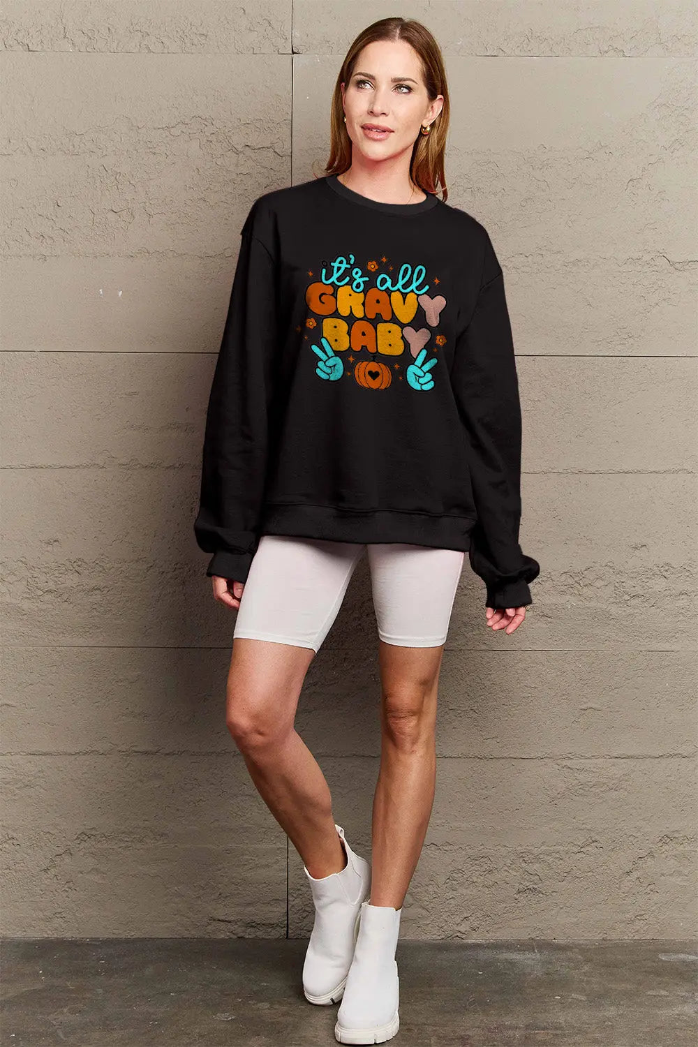 Simply Love Full Size IT'S ALL GRAVY BABY Long Sleeve Sweatshirt Trendsi