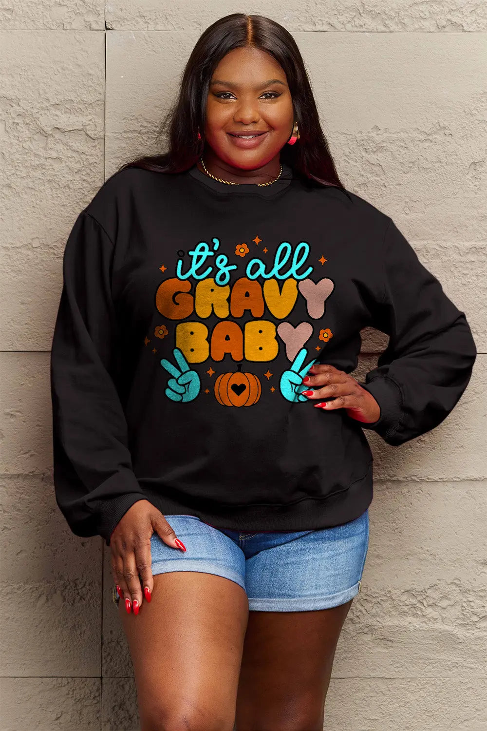 Simply Love Full Size IT'S ALL GRAVY BABY Long Sleeve Sweatshirt Trendsi