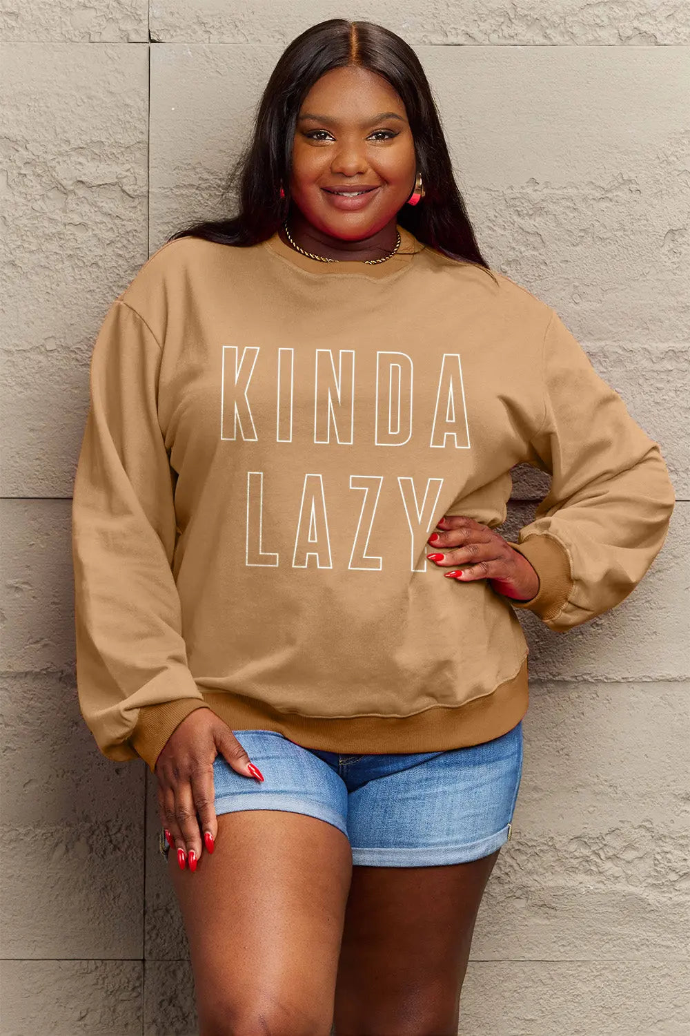 Simply Love Full Size KINDA LAZY Round Neck Sweatshirt Trendsi