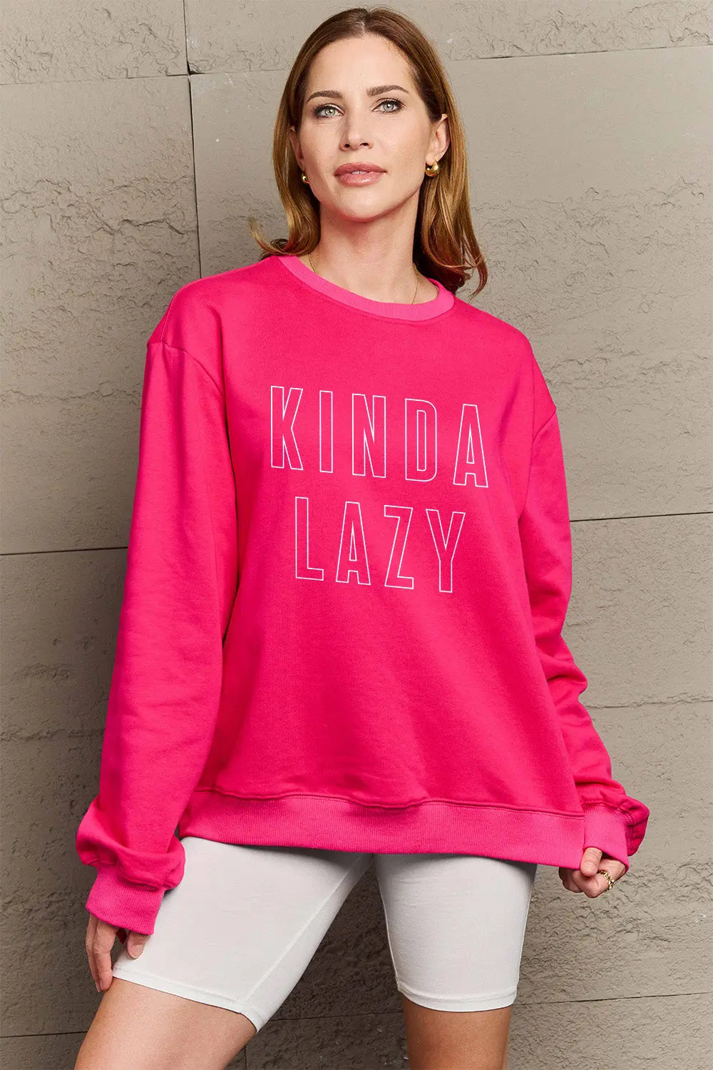 Simply Love Full Size KINDA LAZY Round Neck Sweatshirt Trendsi