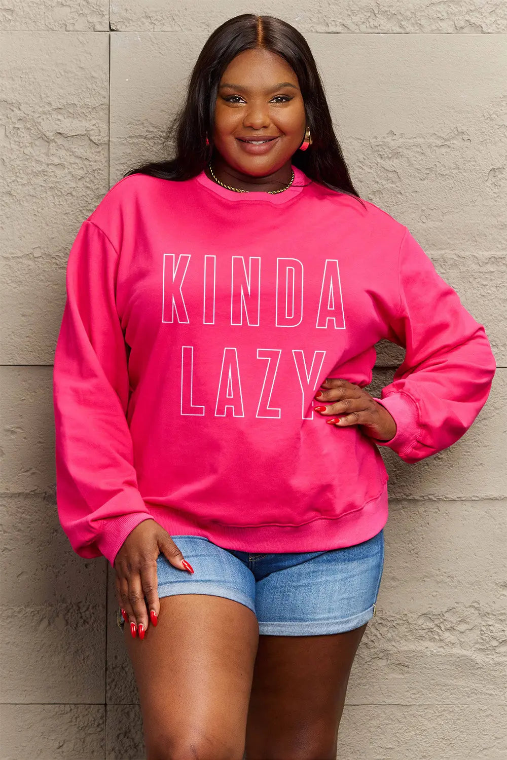 Simply Love Full Size KINDA LAZY Round Neck Sweatshirt Trendsi