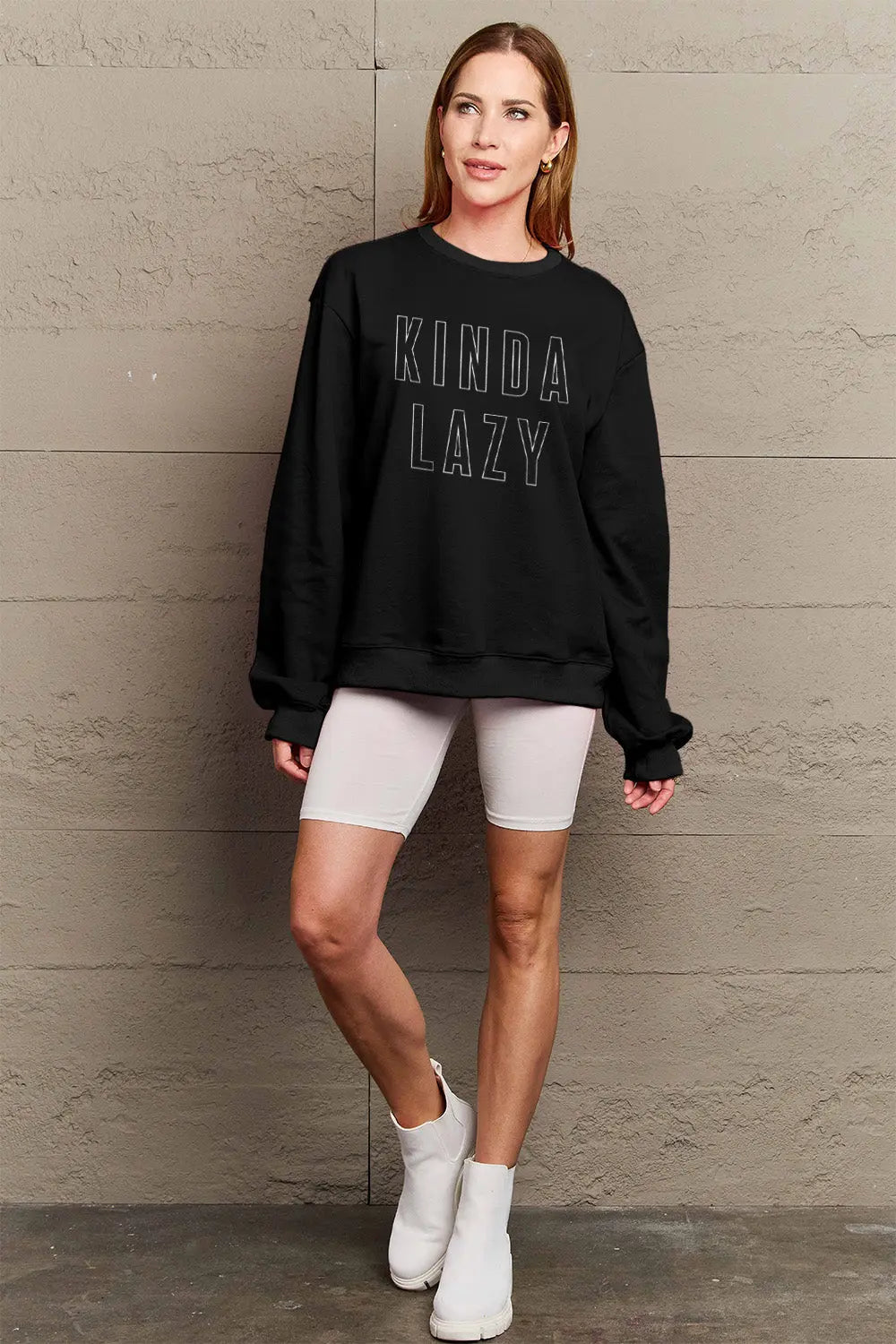 Simply Love Full Size KINDA LAZY Round Neck Sweatshirt Trendsi