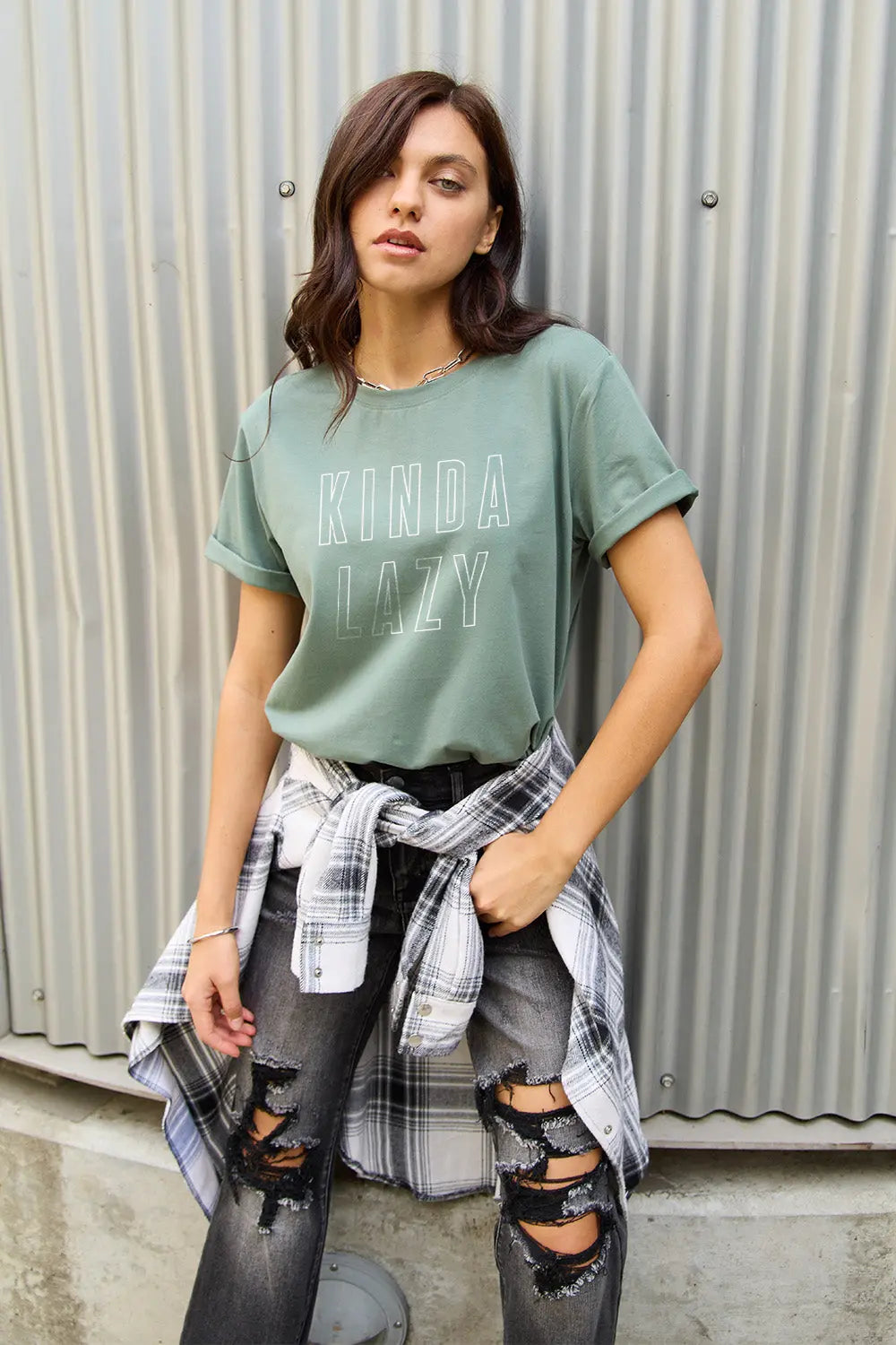 Simply Love Full Size KINDA LAZY Round Neck T-Shirt Trendsi