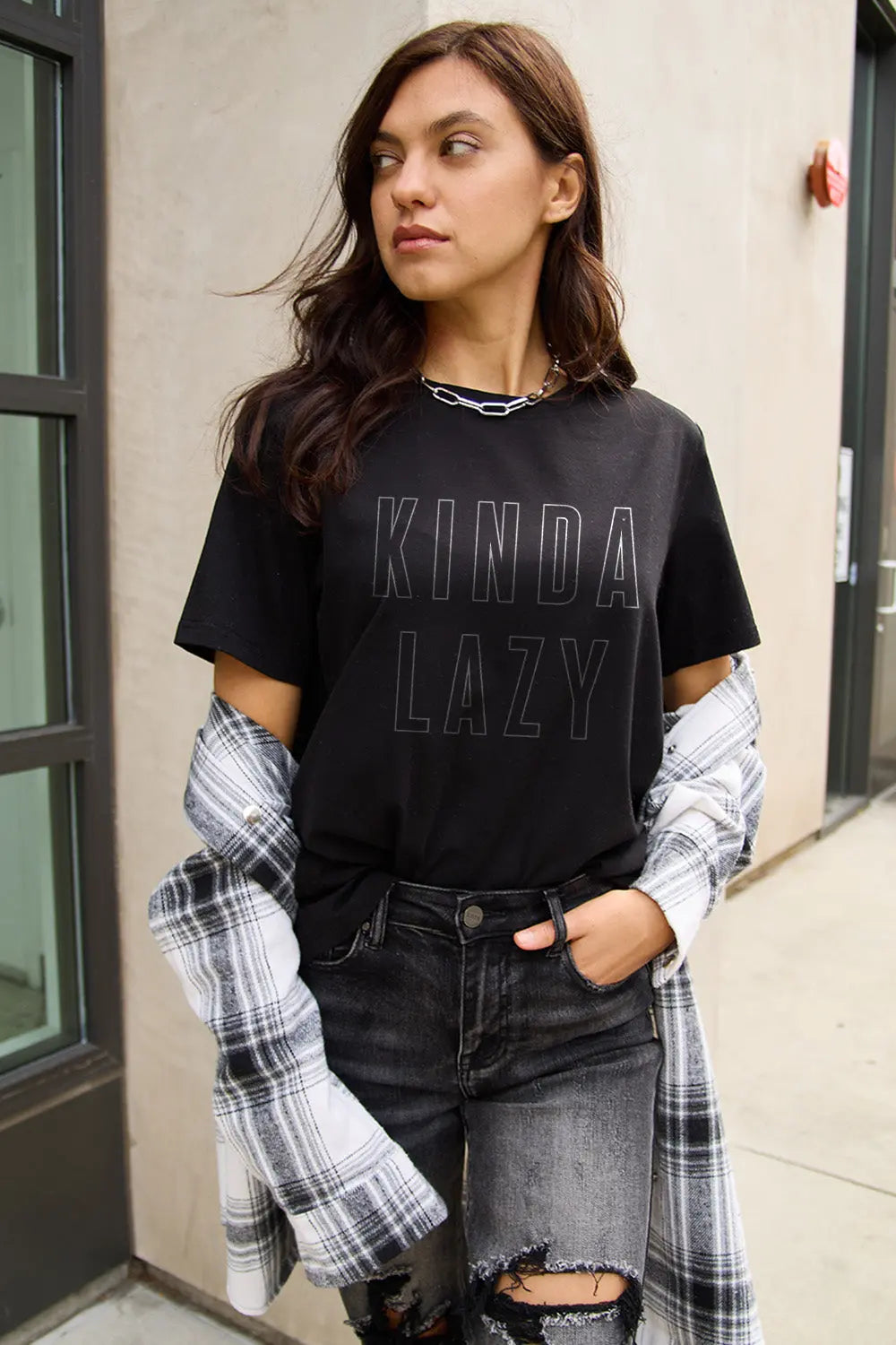 Simply Love Full Size KINDA LAZY Round Neck T-Shirt Trendsi