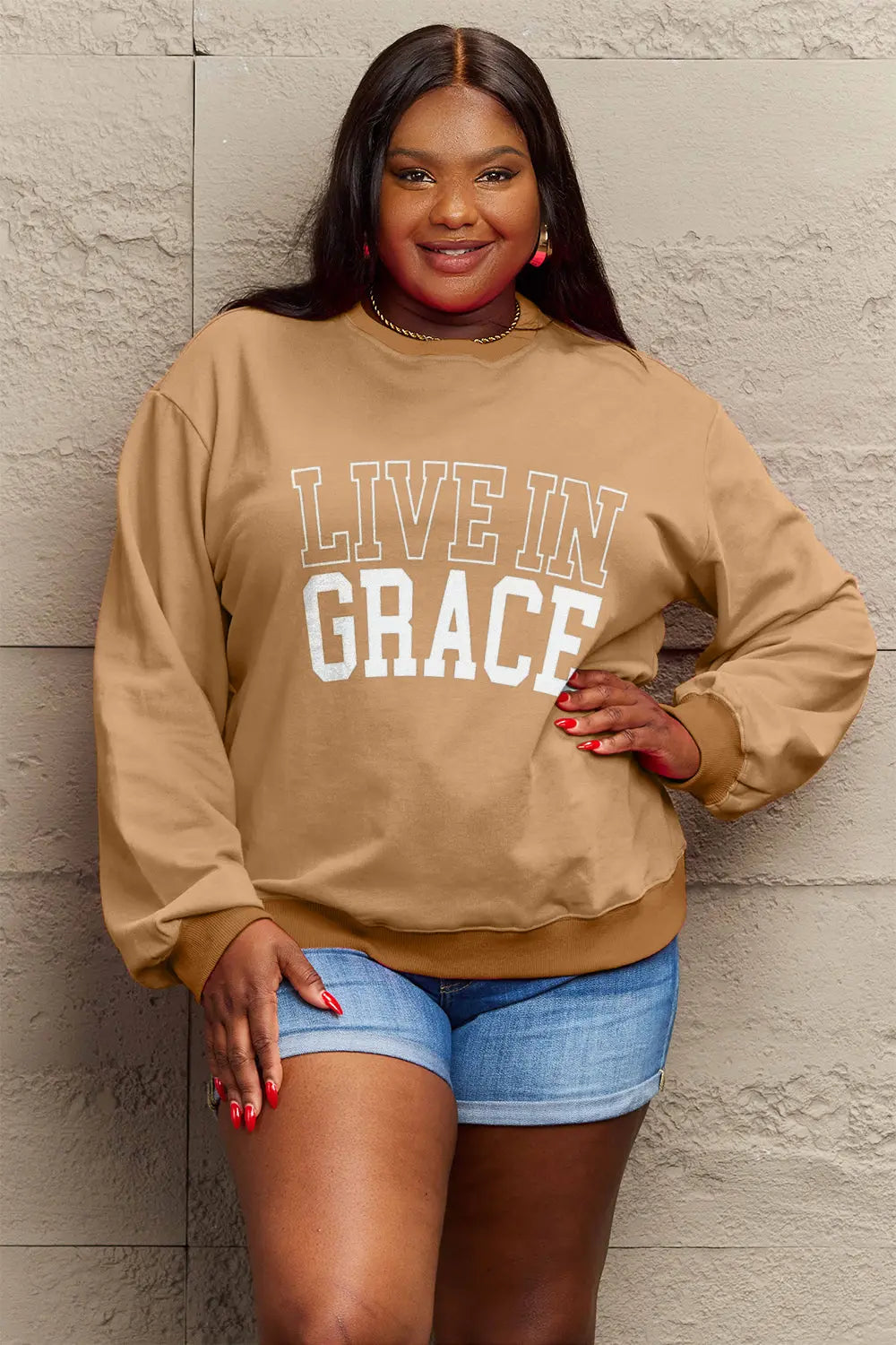 Simply Love Full Size LIVE IN GRACE Graphic Sweatshirt Trendsi