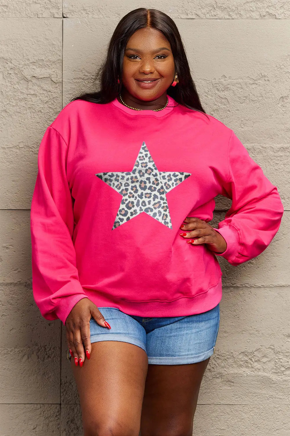 Simply Love Full Size Leopard Star Graphic Sweatshirt Trendsi