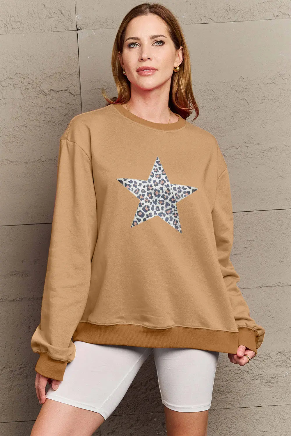 Simply Love Full Size Leopard Star Graphic Sweatshirt Trendsi