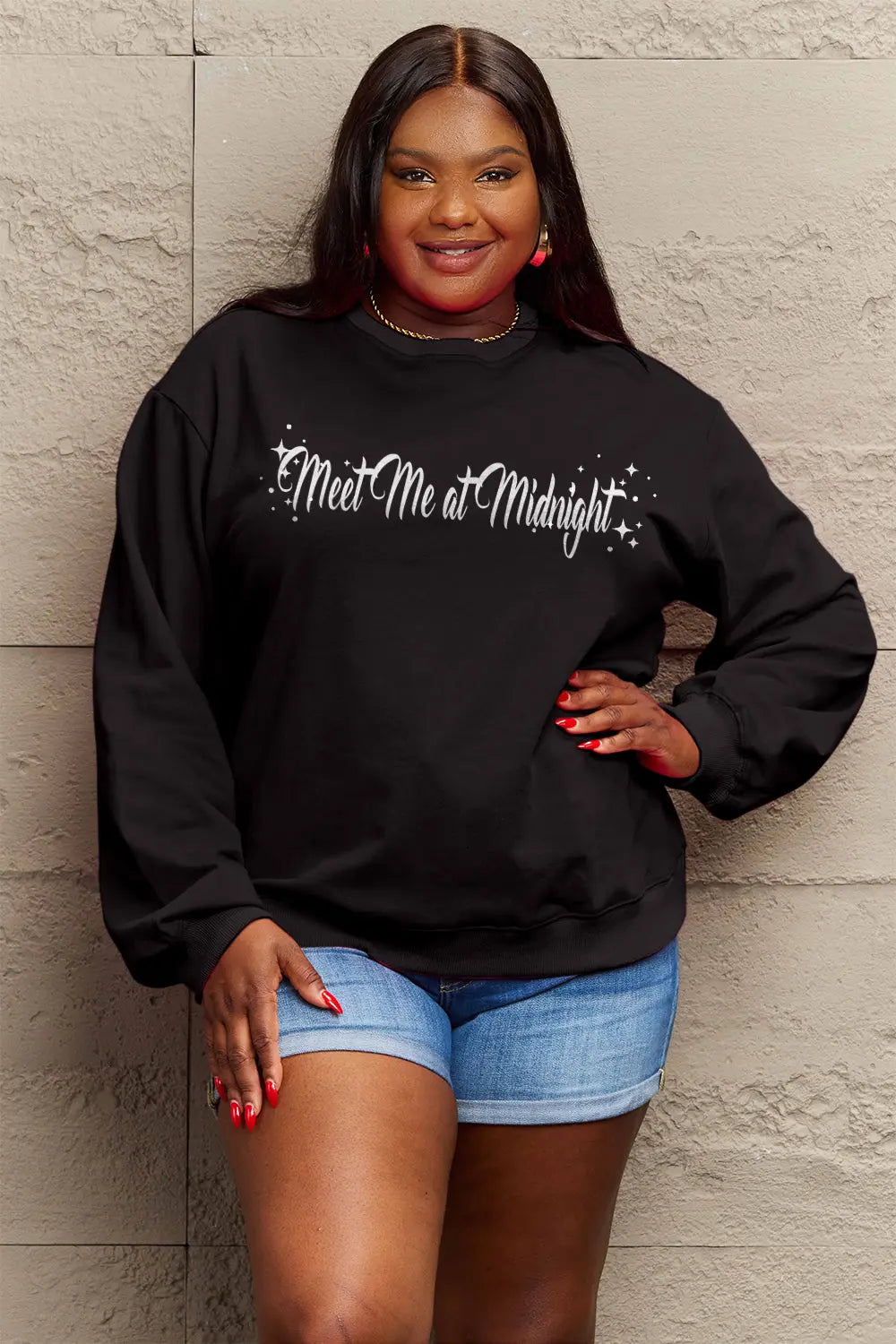 Simply Love Full Size MEET ME AT MIDNIGHT Graphic Round Neck Sweatshirt Trendsi