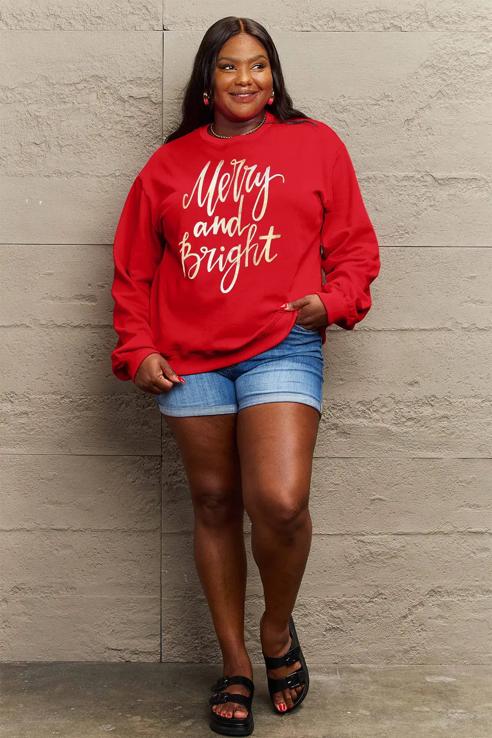 Simply Love Full Size MERRY AND BRIGHT Graphic Sweatshirt Trendsi