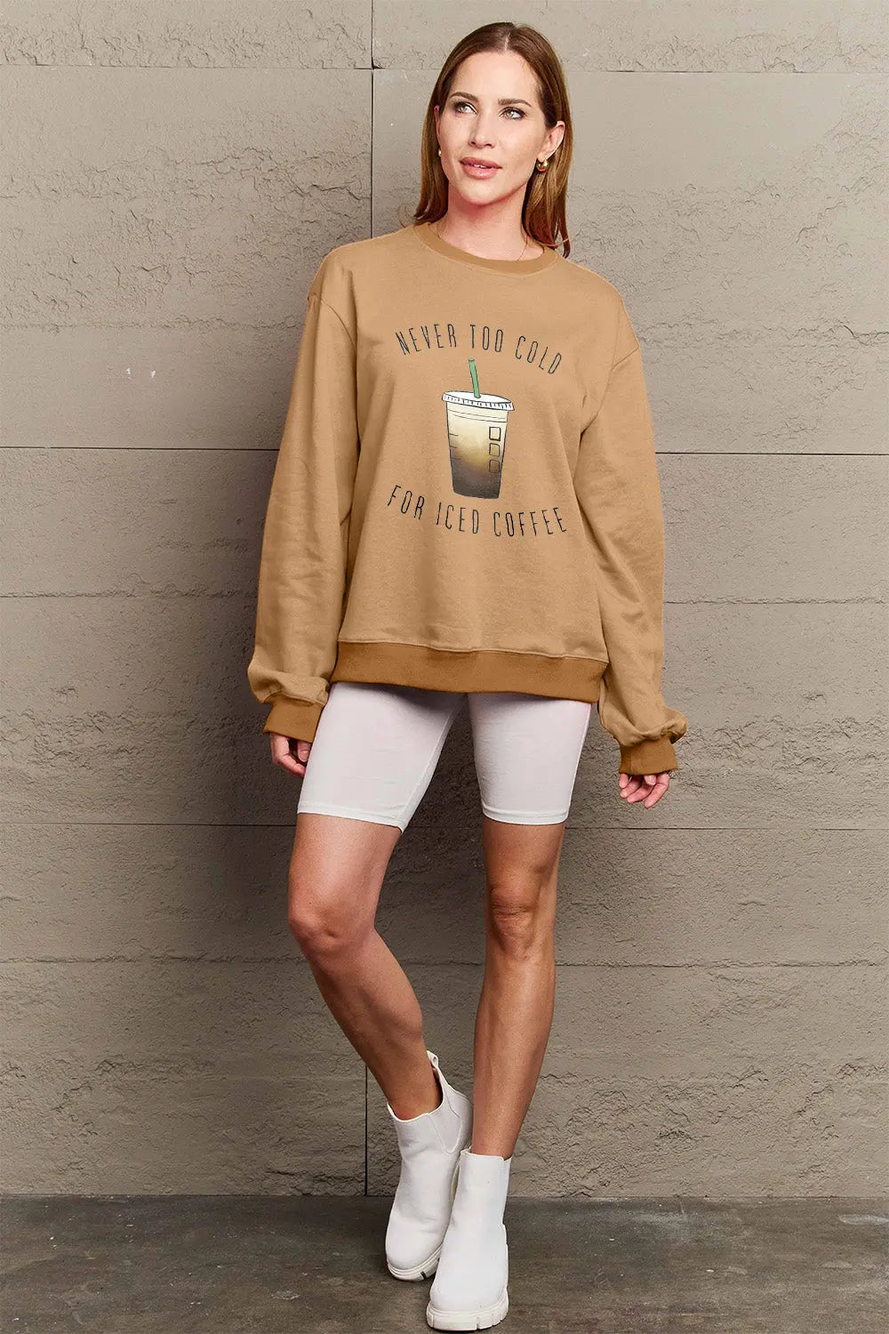 Simply Love Full Size NEVER TOO COLD FOR ICED COFFEE Round Neck Sweatshirt Trendsi