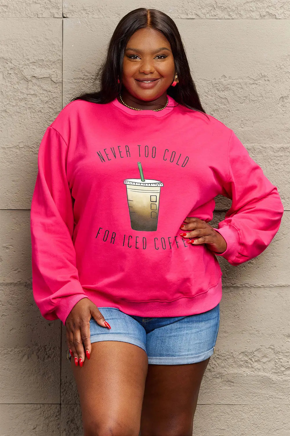 Simply Love Full Size NEVER TOO COLD FOR ICED COFFEE Round Neck Sweatshirt Trendsi