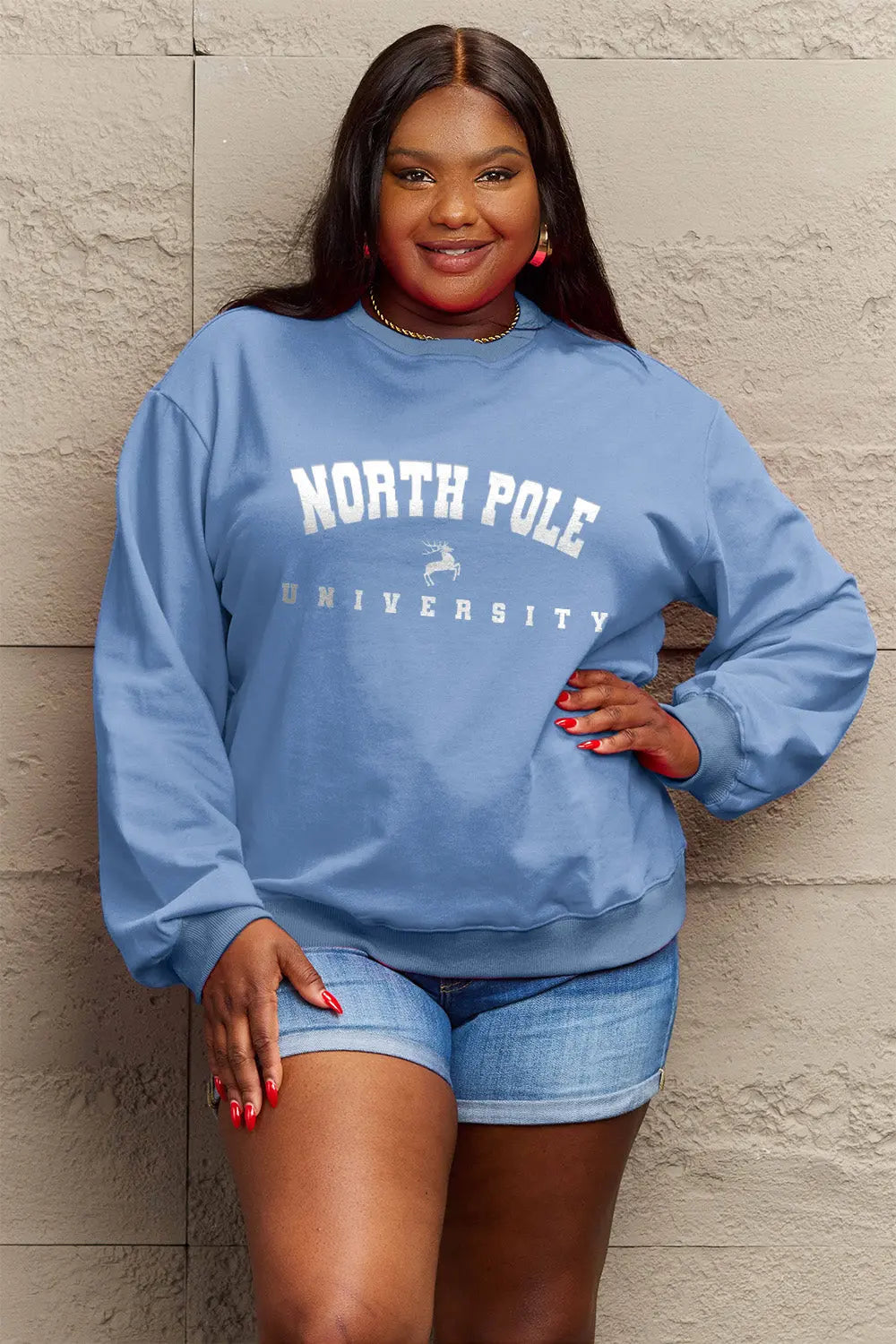 Simply Love Full Size NORTH POLE UNIVERSITY Graphic Sweatshirt Trendsi