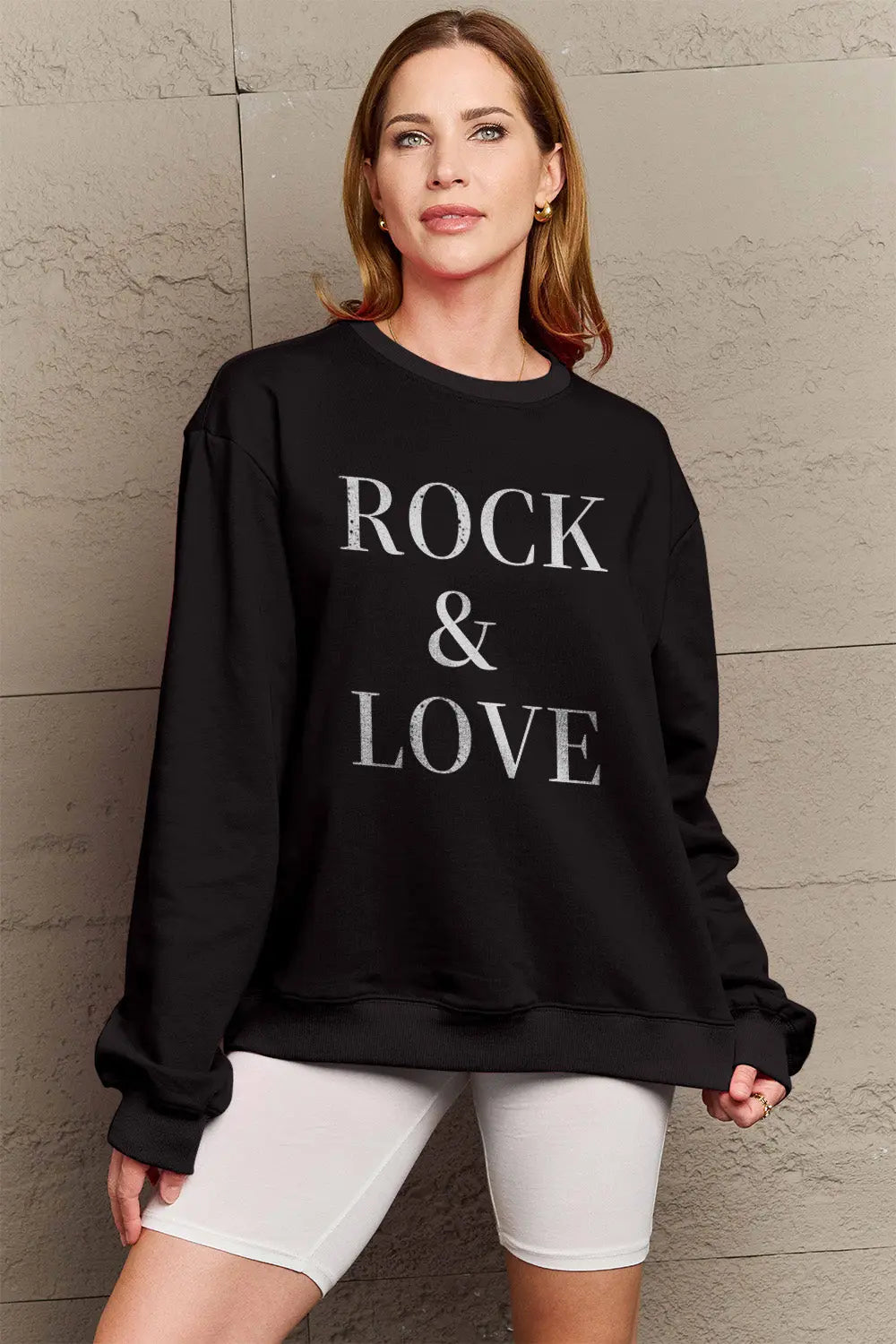 Simply Love Full Size ROCK ＆ LOVE Round Neck Sweatshirt Trendsi