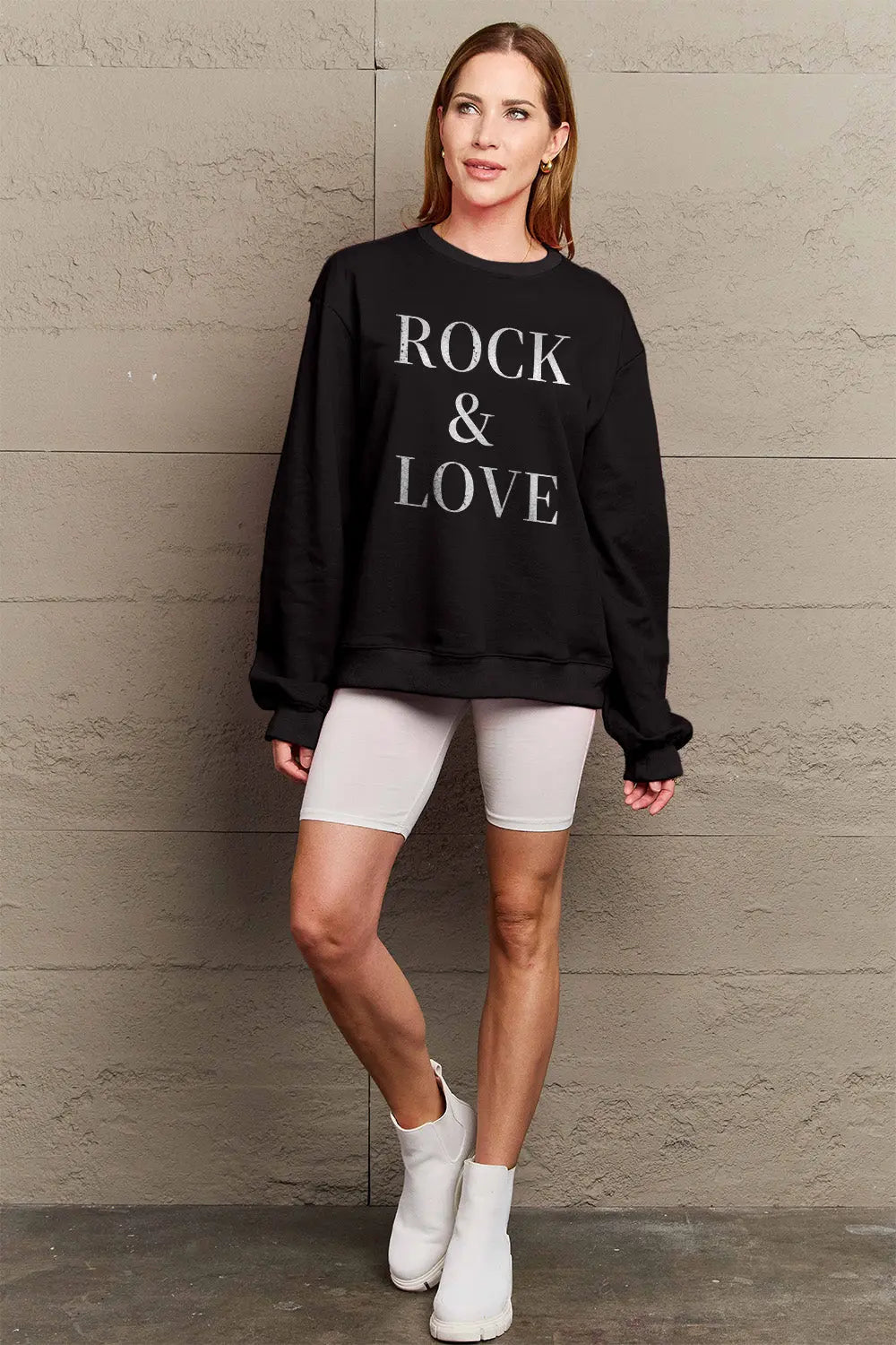 Simply Love Full Size ROCK ＆ LOVE Round Neck Sweatshirt Trendsi