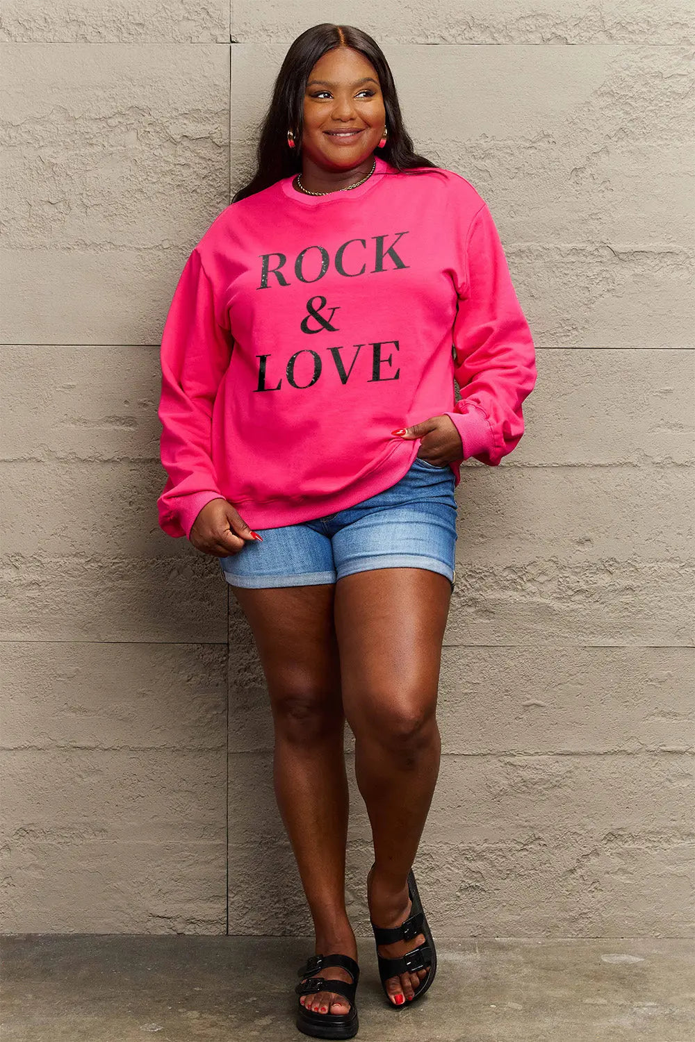 Simply Love Full Size ROCK ＆ LOVE Round Neck Sweatshirt Trendsi