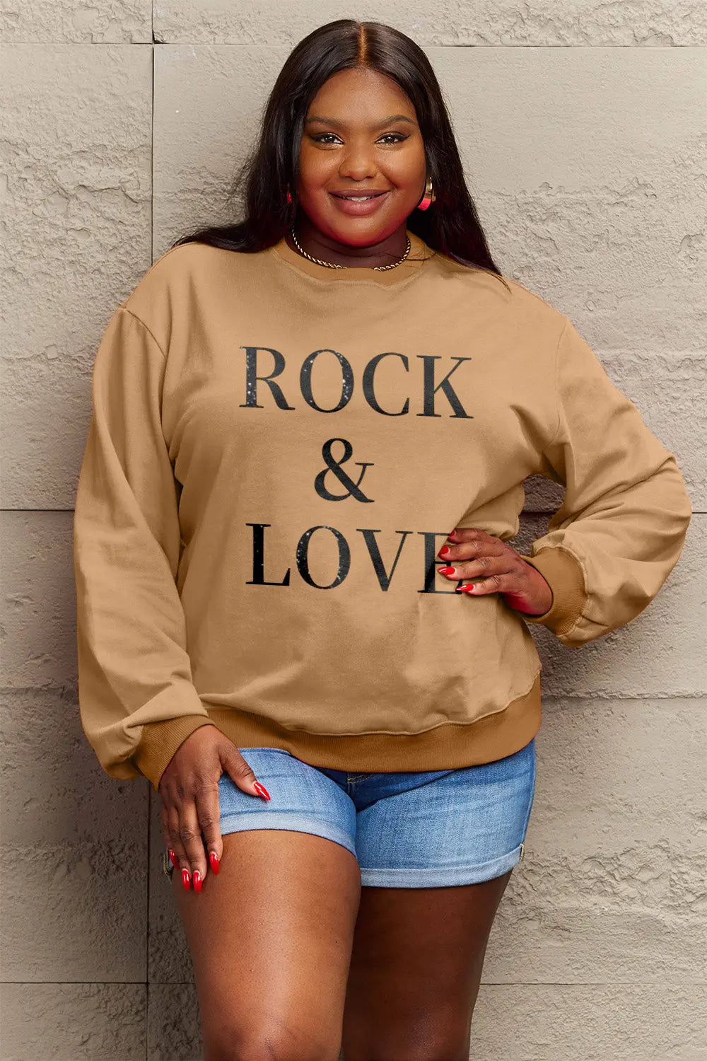 Simply Love Full Size ROCK ＆ LOVE Round Neck Sweatshirt Trendsi