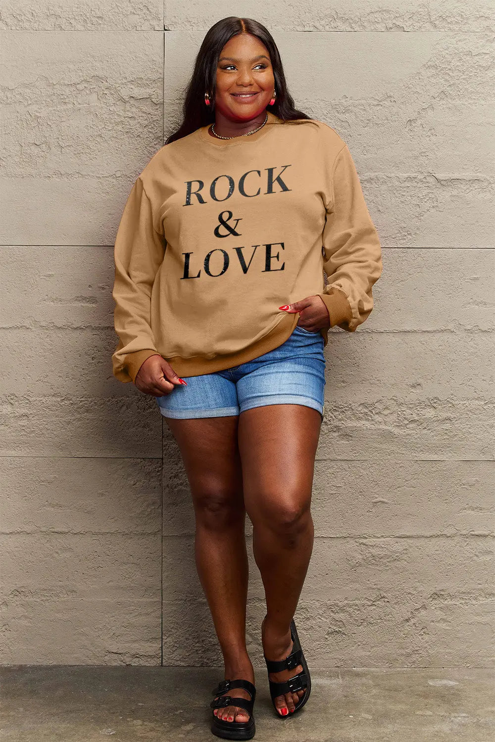 Simply Love Full Size ROCK ＆ LOVE Round Neck Sweatshirt Trendsi