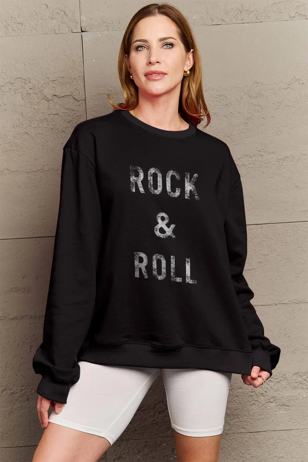 Simply Love Full Size ROCK & ROLL Round Neck Sweatshirt Trendsi