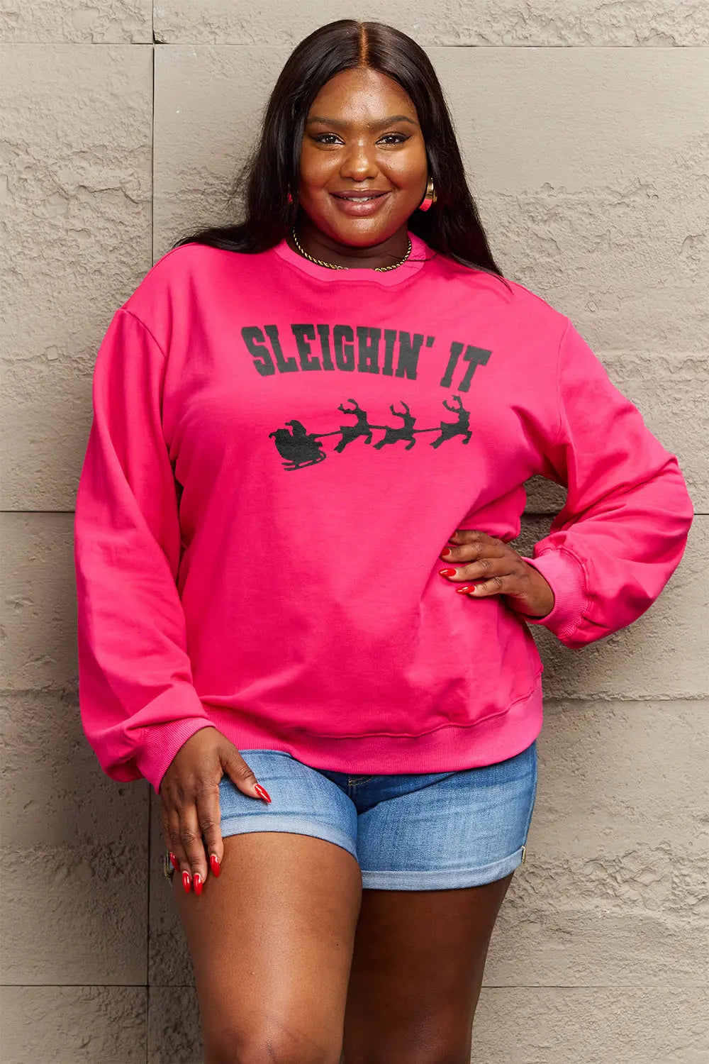 Simply Love Full Size SLEIGHIN' IT Graphic Sweatshirt Trendsi