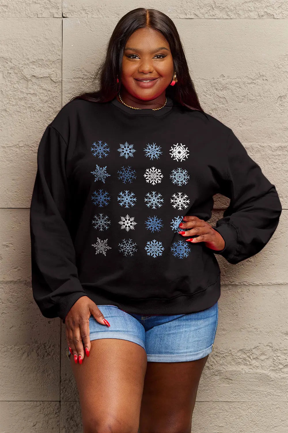 Simply Love Full Size Snowflakes Round Neck Sweatshirt Trendsi