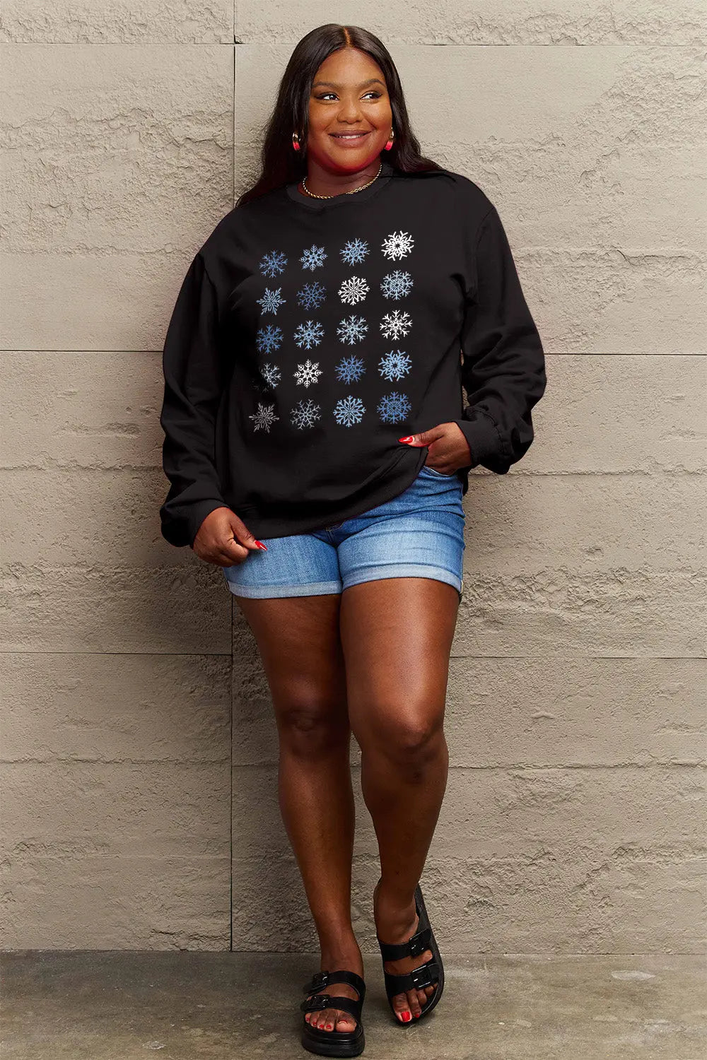 Simply Love Full Size Snowflakes Round Neck Sweatshirt Trendsi