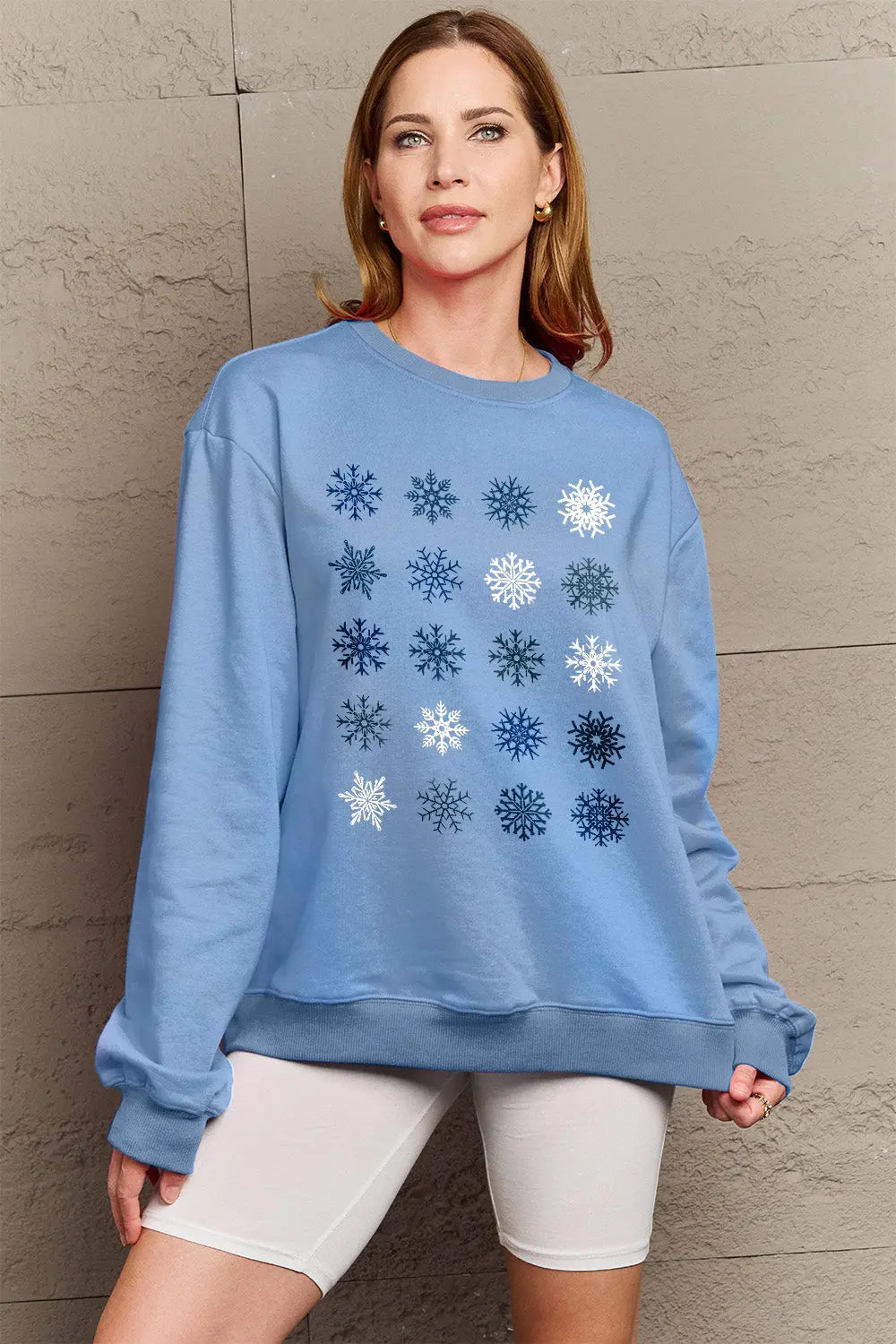 Simply Love Full Size Snowflakes Round Neck Sweatshirt Trendsi