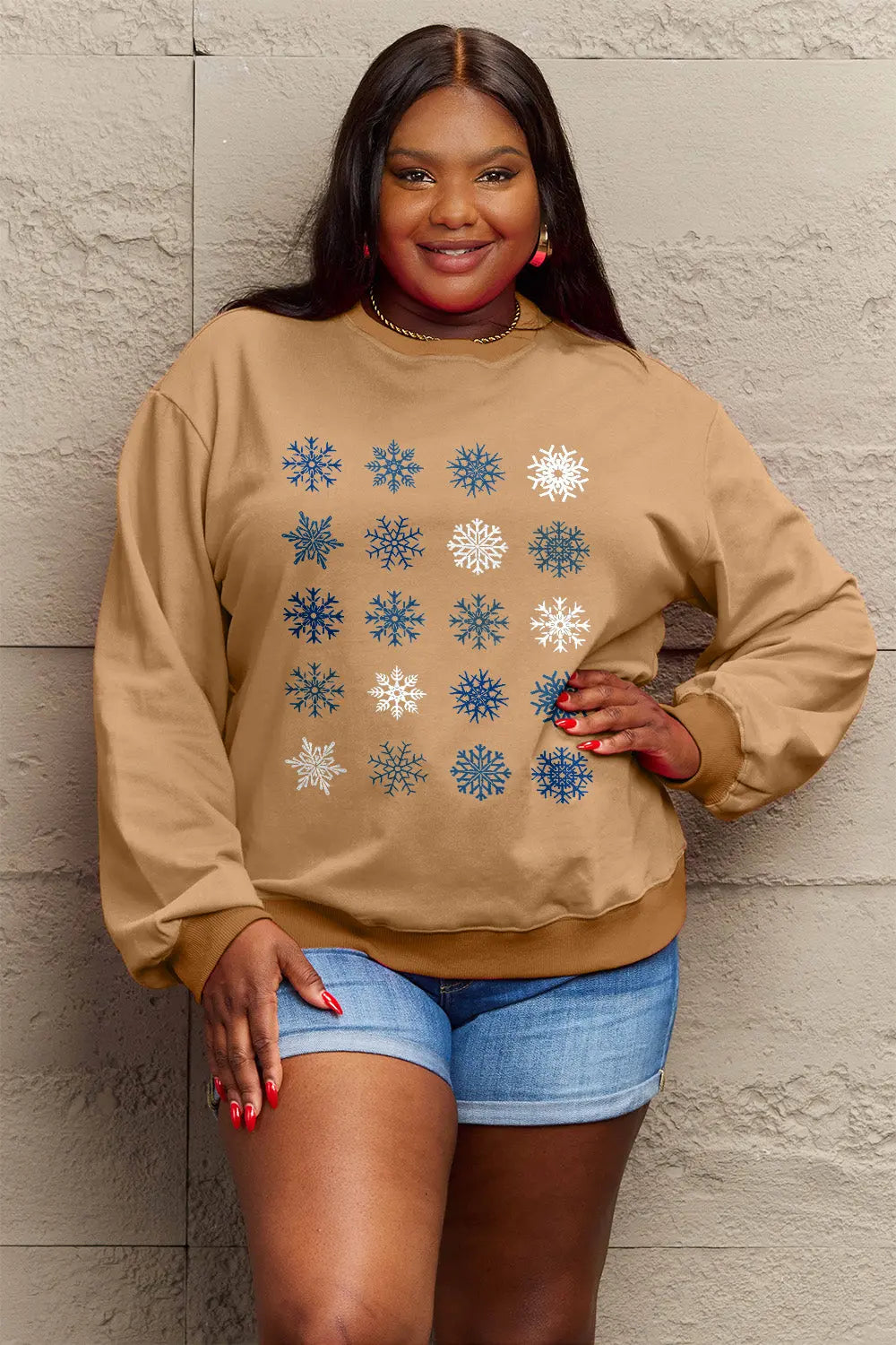 Simply Love Full Size Snowflakes Round Neck Sweatshirt Trendsi