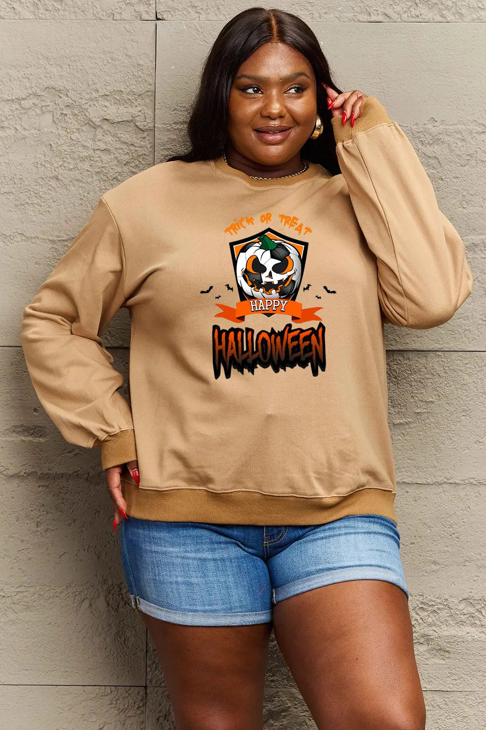 Simply Love Full Size TRICK OR TREAT HAPPY HALLOWEEN Graphic Sweatshirt Trendsi