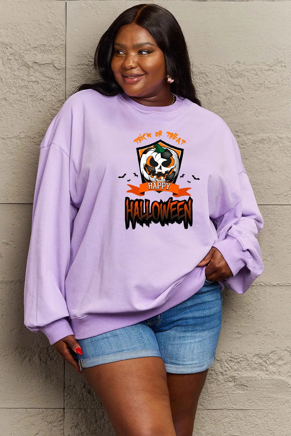 Simply Love Full Size TRICK OR TREAT HAPPY HALLOWEEN Graphic Sweatshirt Trendsi