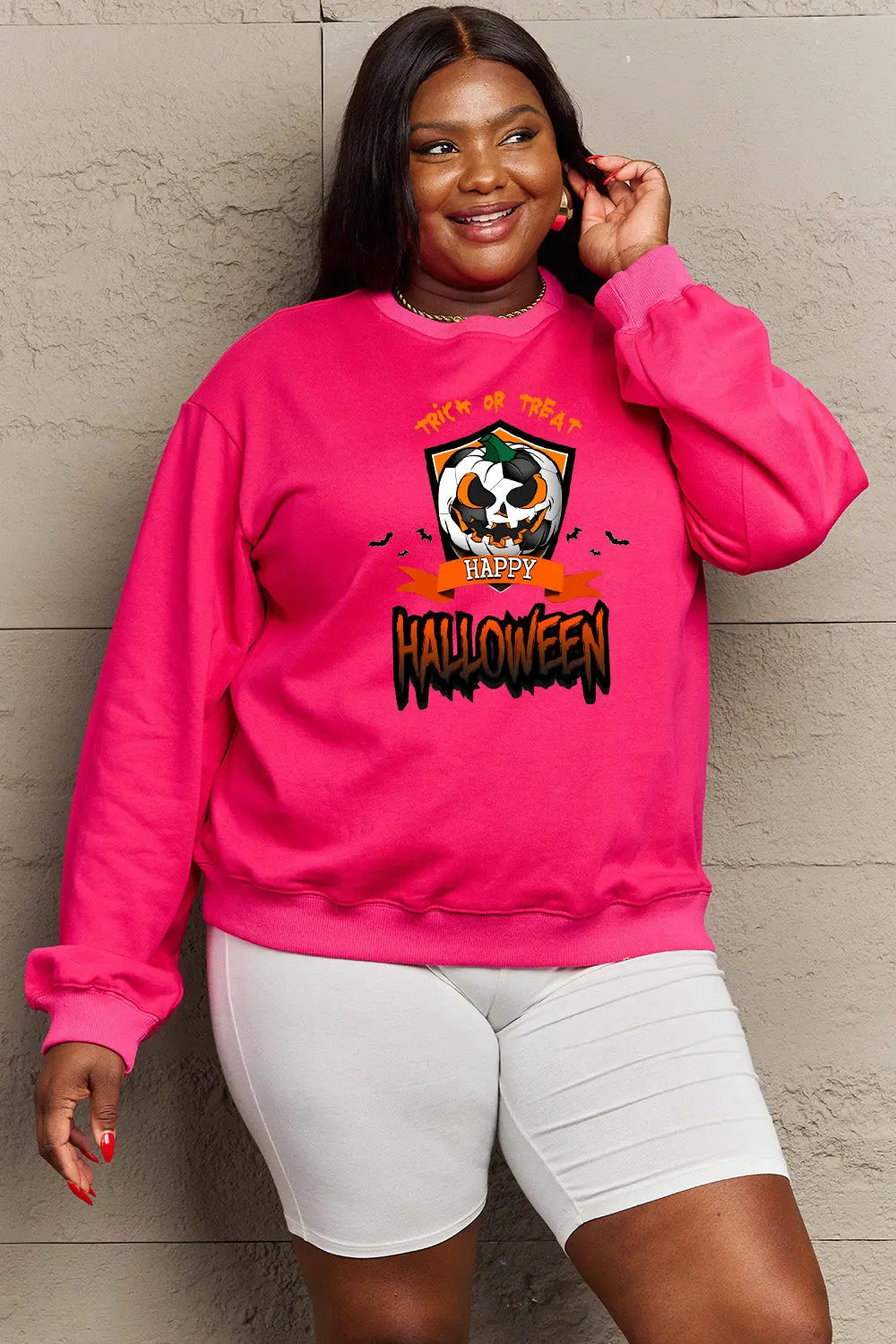 Simply Love Full Size TRICK OR TREAT HAPPY HALLOWEEN Graphic Sweatshirt Trendsi