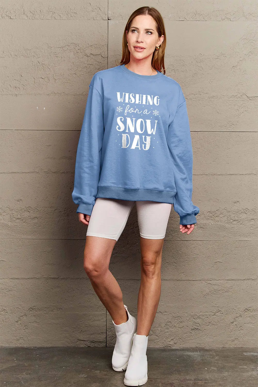 Simply Love Full Size WISHING FOR A SNOW DAY Round Neck Sweatshirt Trendsi