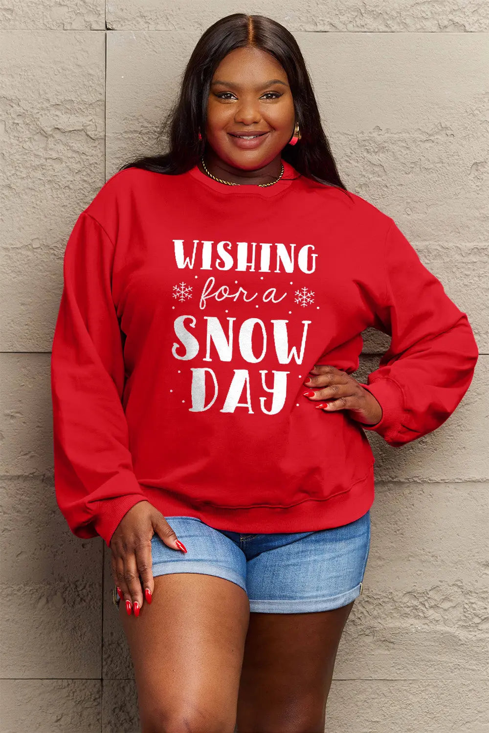 Simply Love Full Size WISHING FOR A SNOW DAY Round Neck Sweatshirt Trendsi