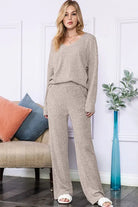 Slouchy Beige ribbed knit loungewear set EG fashion