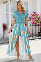 Smocked High-Low Printed Surplice Dress Trendsi