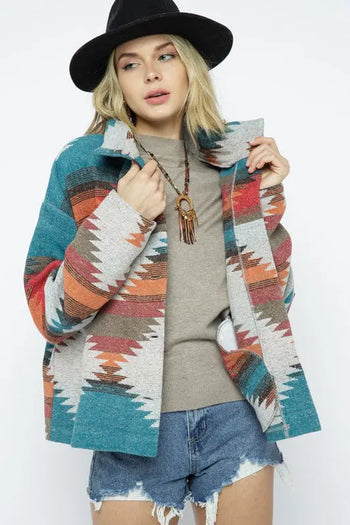 Soft Comfy Lightweight Aztec Pattern Jacket Blue B