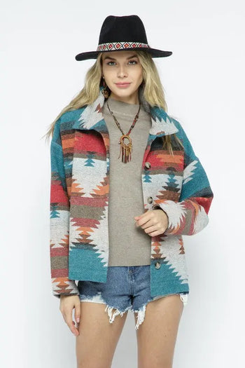 Soft Comfy Lightweight Aztec Pattern Jacket Blue B