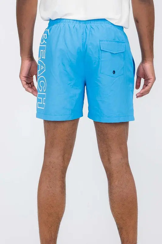 Solid Lined Beach Swim Text Swim Shorts WEIV