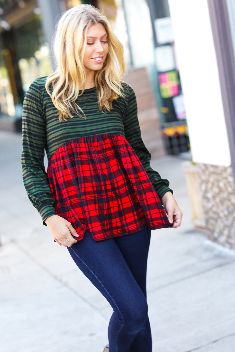 Holiday Plaid Babydoll Color Block Swing Top Haptics