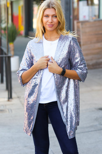 Holiday Silver Iridescent Sequin Open Lined Cardigan Haptics